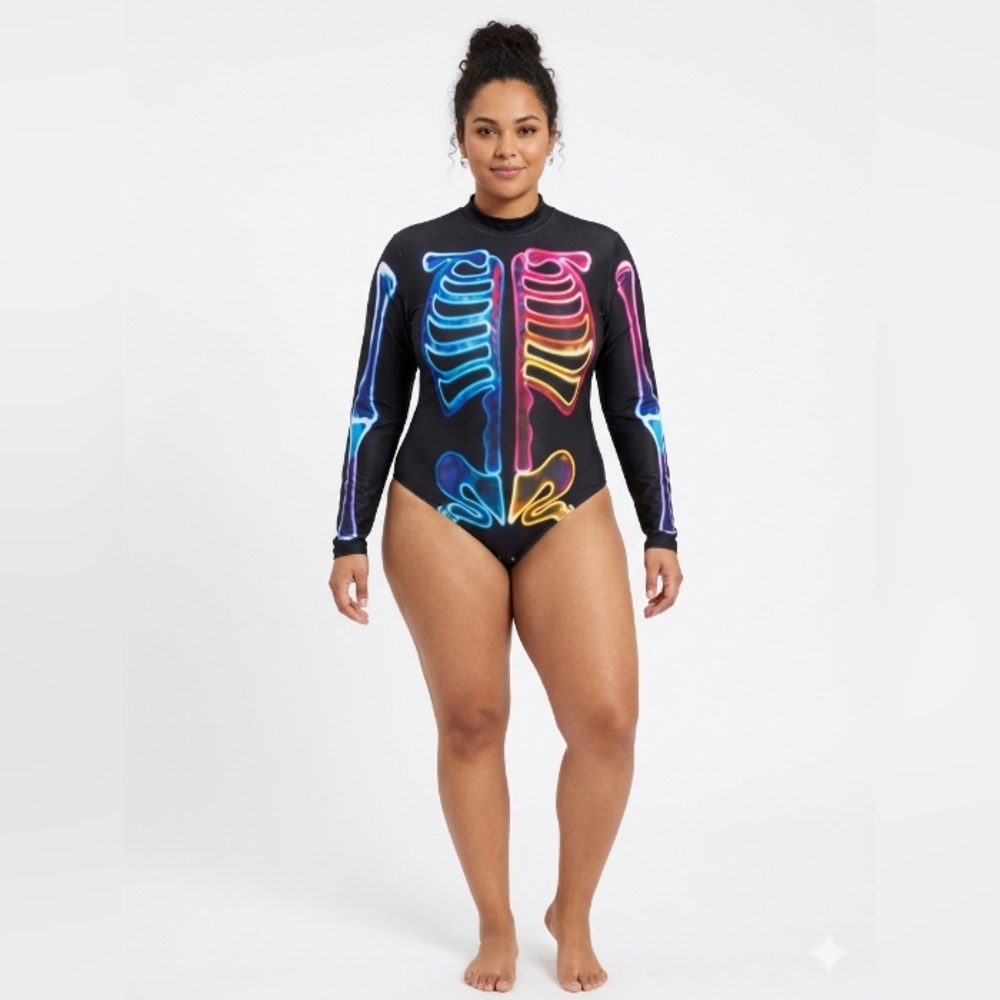 Nwot Black Long-Sleeve Neon Skeleton Bodysuit